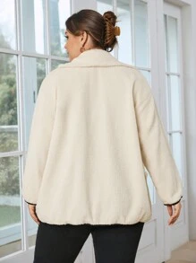 SHEIN Essnce 秋冬撞色拉链泰迪熊大衣 - 米色 - 查看 2