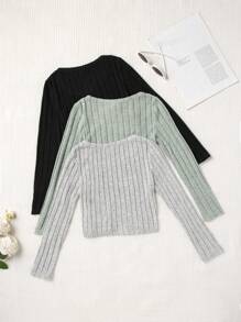 SHEIN Leap Crew Conjunto de 3 piezas para niña preadolescente de camiseta ajustada de cuello cuadrado de unicolor tejido de punto en negro, gris y verde - Multicolor - Ver 2