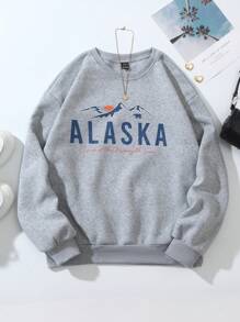 SHEIN Unity Mountain & Letter Graphic Thermal Pullover - Grey - View 1