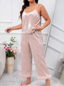 Plus Fuzzy Trim Velvet Robe & Cami Top & Pants PJ Set / Pajama Set - Baby Pink - View 3