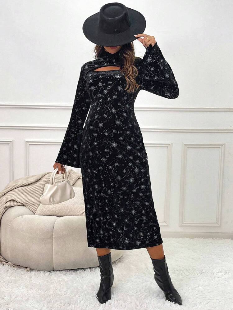Maternity Star Print Cut Out Front Flare Sleeve Dress
