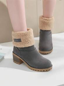 女士户外保暖休闲短靴两用雪地靴，一脚蹬款式，时尚大码靴子 - 灰色 - 查看 3