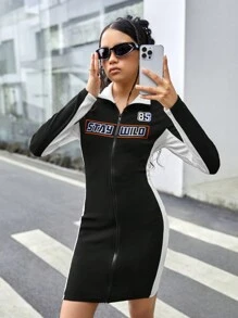 Teen Girl 1pc Letter Embroidery Zip Up Contrast Side Seam Dress - Black and White - View 1