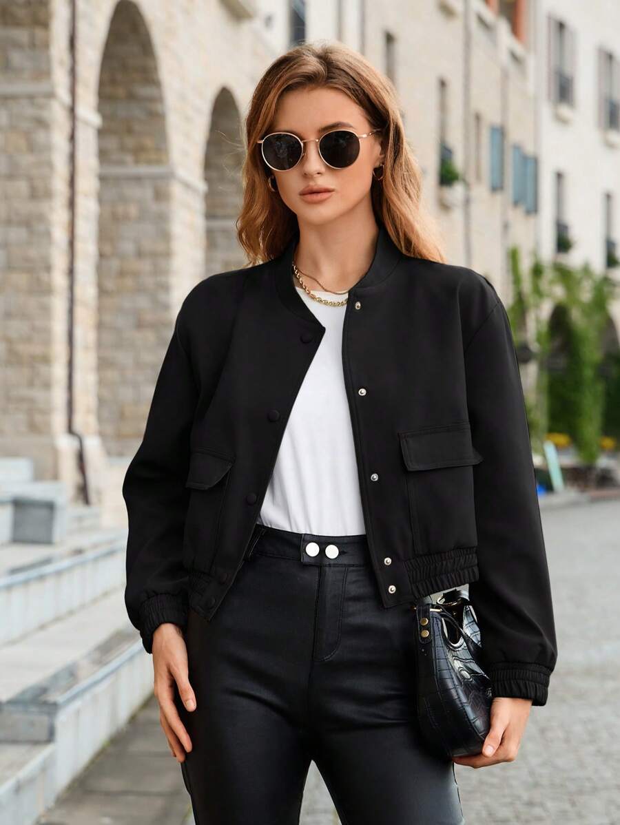 Flap Pocket Button Front Bomber Jacket Fall Winter Cloth For Women - Black - View 1