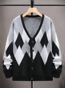 Manfinity Homme 男士菱形印花落肩袖開襟衫 - 彩色 - 查看 1