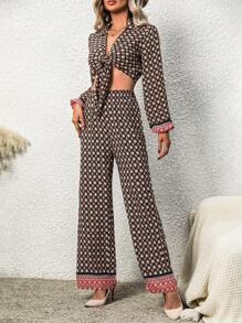 Chiquease Top crop con estampado con nudo delantero & Pantalones de pierna ancha - Negro - Ver 4