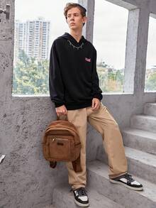 SHEIN 青少年男孩标语卡通图案落肩卫衣 - 黑色 - 查看 2