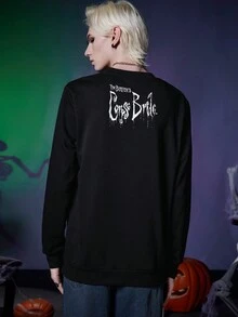 ROMWE MEN Corpse Bride | ROMWE 男士標語骷髅頭圖案運動衫 - 黑色 - 查看 2