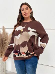 EMERY ROSE 大碼景觀圖案落肩袖套頭毛衣 - 彩色 - 查看 5