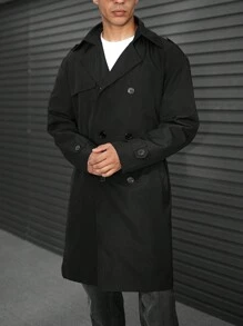 Manfinity Homme 寬鬆版型的男士雙排扣束腰風衣 - 黑色 - 查看 1