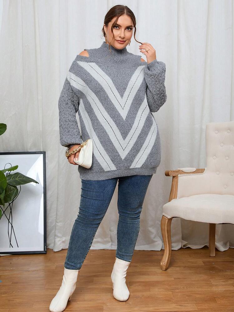 Plus Chevron Pattern Cold Shoulder Sweater