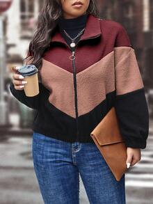 SHEIN LUNE Plus Color Block Drop Shoulder Teddy Jacket - Multicolor - View 4