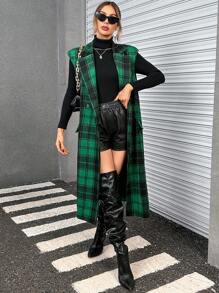 SHEIN Essnce 格紋印花雙排釦背心大衣 - 綠色 - 查看 6