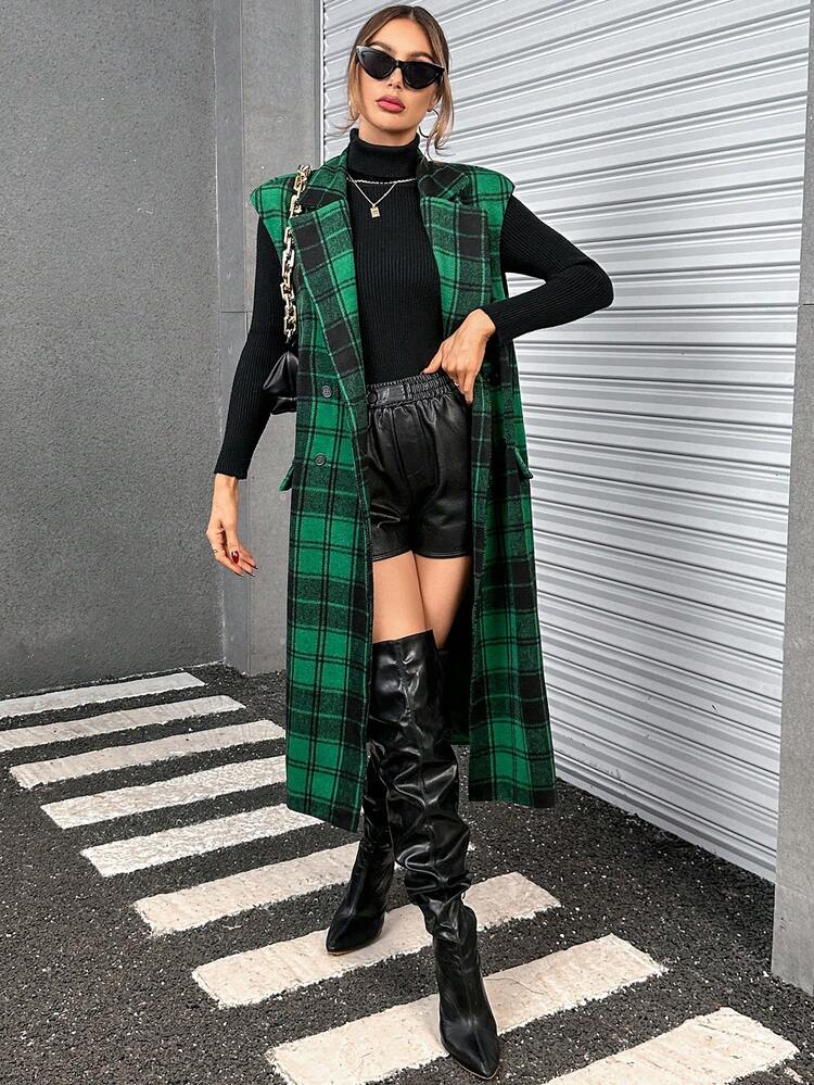 Plaid Print Double Breasted Vest Overcoat
