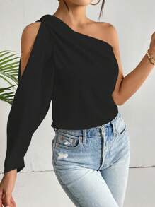 Firerie One Shoulder Lantern Sleeve Solid Blouse - Black - View 6