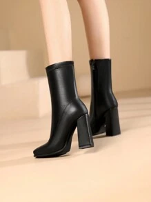 女式粗跟方頭彈性側拉鍊踝靴，黑色 - 黑色 - 查看 3