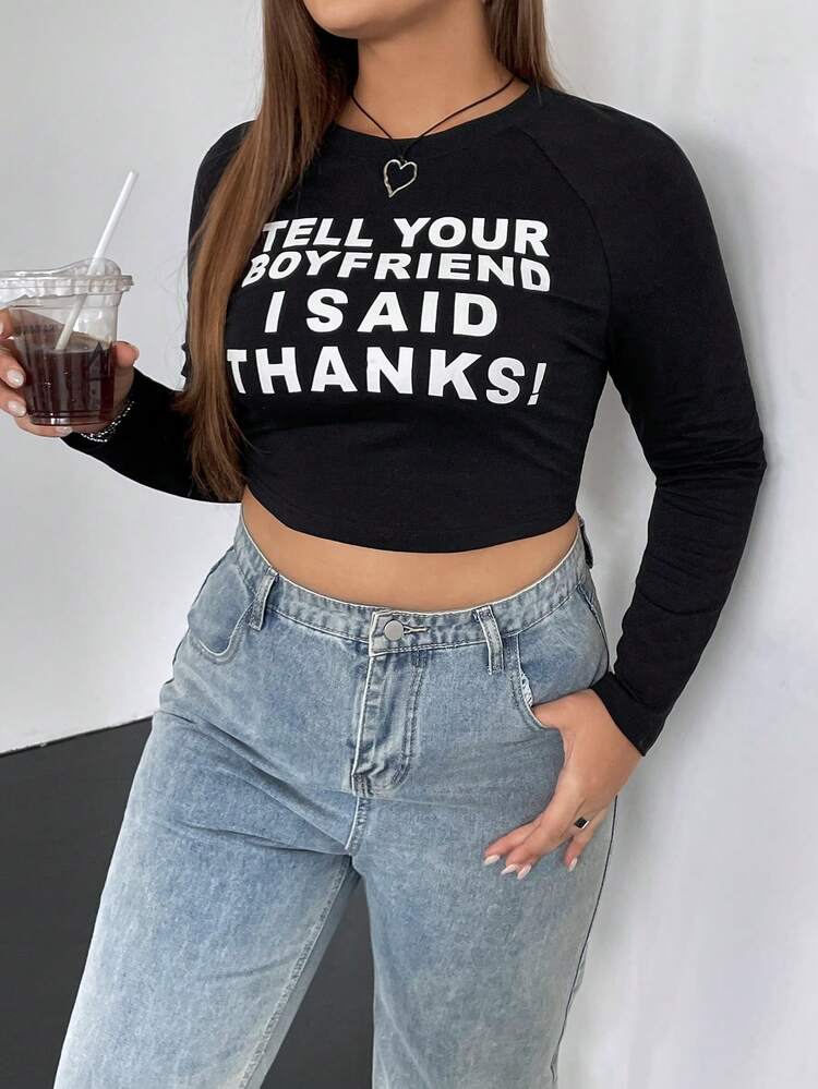 Plus Slogan Graphic Raglan Sleeve Crop Tee