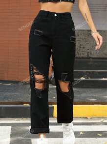 High Waist Ripped Straight Leg Jeans