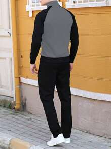 Manfinity Homme 男式图形拼色插肩袖夹克和运动裤运动服，男士运动服，男士两件套，男士慢跑服，男士休闲两件套，秋季服装