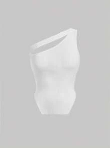 SHEIN MOD 素色單肩針織上衣 - 米色 - 查看 1