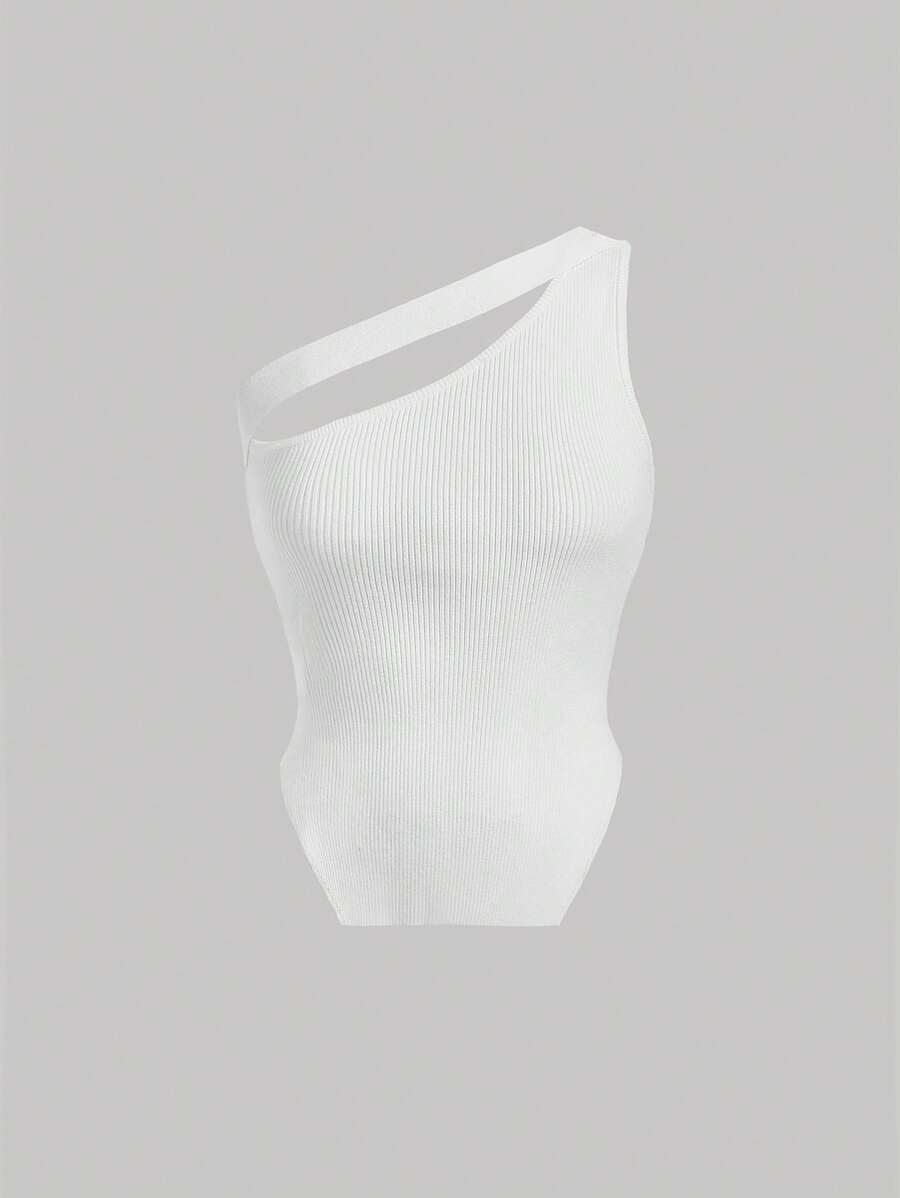 SHEIN MOD 素色單肩針織上衣 - 米色 - 查看 1