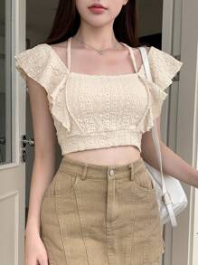 DAZY 素色荷葉邊短款T恤 - 杏色 - 查看 3