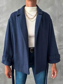 EURMUSE Lapel Neck Belted Overcoat - Navy Blue - View 4