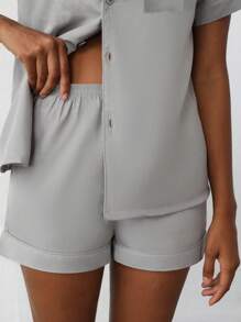 Ocili Leisure Silky Feel Shell Button Front Short Sleeve & Short PJ Set With Scrunchie - Gray - Grey - View 4