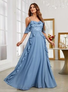 SHEIN Belle 挖肩荷葉邊亮片拼接雪紡伴娘洋裝 - 藍色 - 查看 2