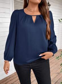 SHEIN Clasi Plus Keyhole Neckline Lantern Sleeve Blouse - Navy Blue - View 6