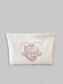 ROMWE Kawaii Hand-drawn Cute Cat Pattern Double-sided Printed Corduroy Cosmetic Bag - Multicolor - View 1