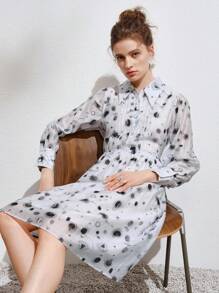 Vestido camisero con estampado con botón delantero - Blanco - Ver 1