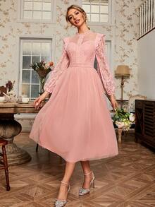 Simplee Ren tương phản Tay áo lồng đèn Váy lưới che phủ - Hồng - Xem 4