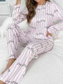 Lazeform Striped & Letter Graphic Tee & Pants PJ Set / Pajama Set Holiday Season, Fall Clothes Cozy And Elegant Details, Winter - Baby Pink - View 2