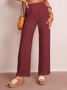 SHEIN LUNE Solid Elastic Waist Wide Leg Pants - Burgundy - View 3