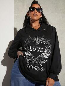 SHEIN CURVE+ 大碼字母和花卉印花T恤 - 黑色 - 查看 3