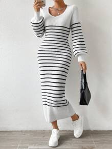 RosyDaze Striped Pattern Lantern Sleeve Sweater Dress Fall Winter Cloth For Women - Black and White - View 3