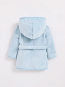 SHEIN Newborn Baby Boy 3D Ear Design Cartoon Embroidery Hooded Belted Sleep Robe - Teal Blue - View 2