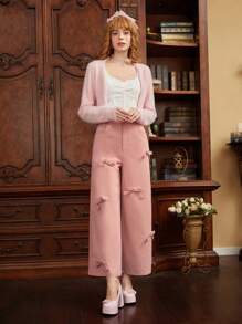 SHEIN MOD 前部蝴蝶结粉色春假阔腿裤 - 粉色 - 查看 3