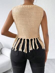 SHEIN Essnce Fringe Trim Crop Sweater Vest - Khaki - View 2