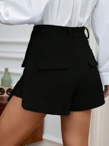 SHEIN Essnce 翻蓋口袋燈芯絨工裝短褲 - 黑色 - 查看 2