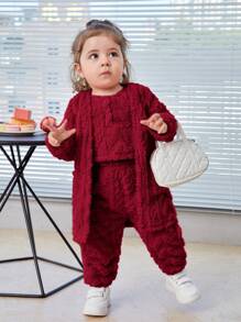 SHEIN 3件套女婴休闲舒适纯色长款毛绒开衫、无袖背心和松紧腰长裤套装 - 酒紅色 - 查看 3
