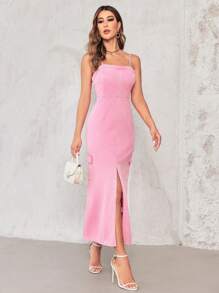 SHEIN Privé 高衩牛仔吊帶洋裝 - 粉色 - 查看 6