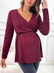 SHEIN Maternity Solid Wrap Nursing Detail Babydoll Tee - Burgundy - View 3