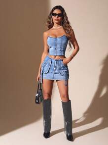 SHEIN BAE 翻蓋口袋帶扣細節牛仔半身裙 - 藍色 - 查看 5
