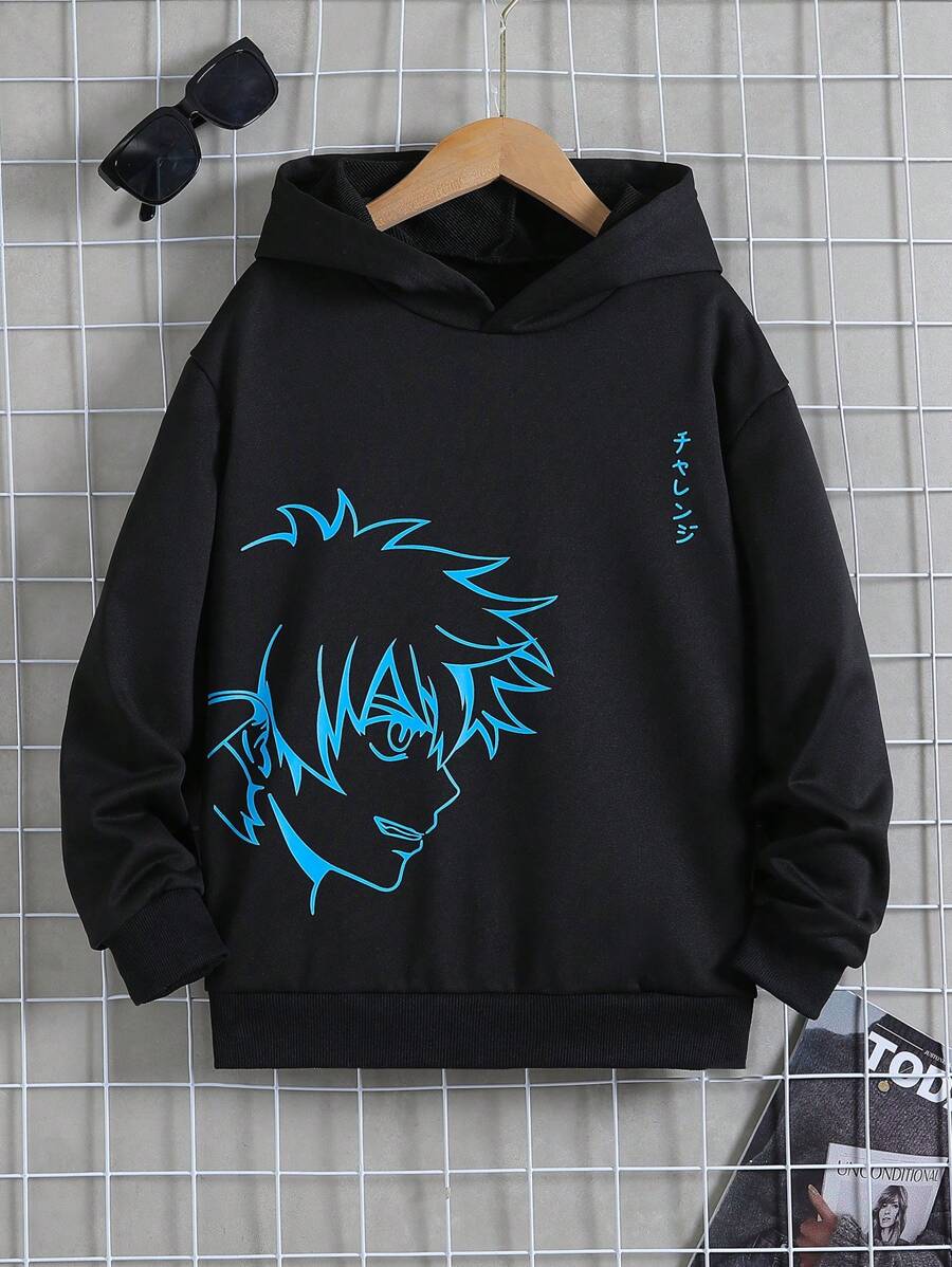 Tween Boy Japanese Letter & Figure Graphic Sweatshirt - Multicolor - View 1