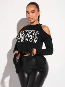 SHEIN SXY 標語圖案露肩仿舊不對稱下擺毛衣 - 黑色 - 查看 5