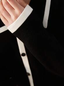 Viền tương phản Nút phía trước Áo len - màu đen - Xem 5