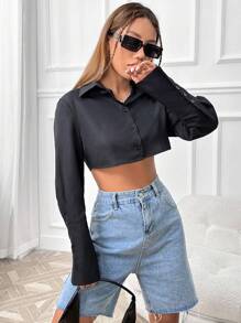 Lunelith SHEIN Lunessa Krótka koszula z jednolitymi guzikami z przodu