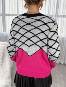 SHEIN Privé Argyle Pattern Colorblock Drop Shoulder Sweater - Multicolor - View 3